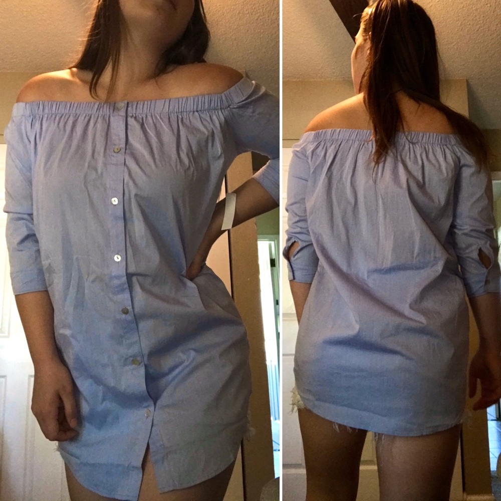 Blue button up off-shoulder shirt-dress
